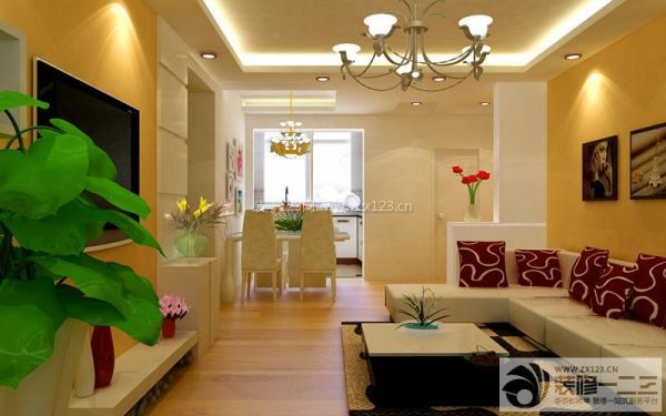 華鵬宜家裝修效果圖，包括兩室兩廳 小客廳 客廳裝修設(shè)計 純色壁紙 沙發(fā)背景墻 背景墻壁紙 電視背景墻 石膏板吊頂 棕黃色木地板 地墊 射燈 燈帶 歐式吊燈 電視柜 白色茶幾 轉(zhuǎn)角沙發(fā) 布藝沙發(fā) 黃色墻面 裝飾畫 等裝修圖片